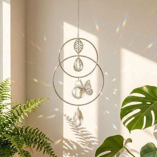 A silver-toned leaf and butterfly wind spinner with clear teardrop crystals, hanging in a sunlit room with plants and rainbow light projections on the wall.