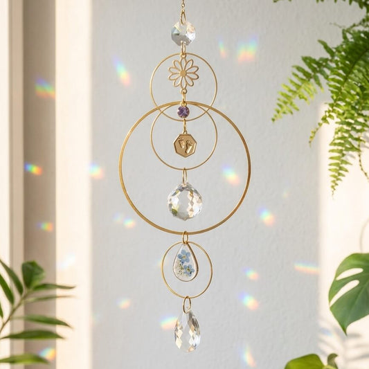 Decorative hanging crystal with circular designs and gemstones, placed against a light background with plants.