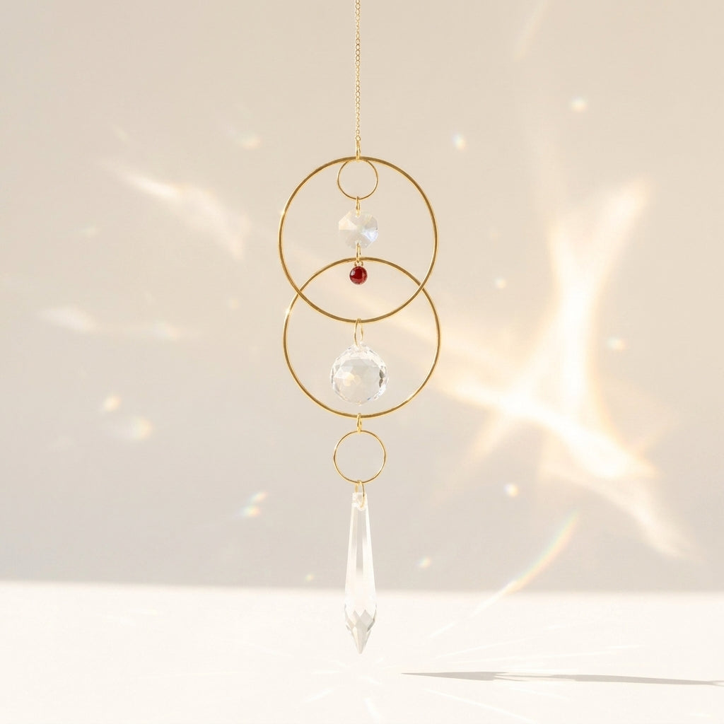 Decorative hanging ornament with gold rings and Ruby crystal on a light background