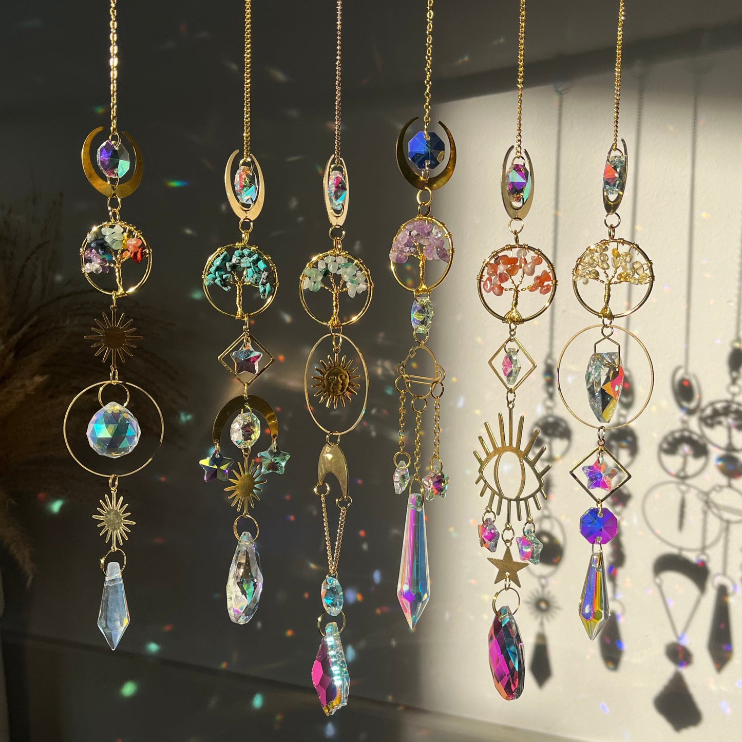 Collection of decorative hanging ornaments on a dark background