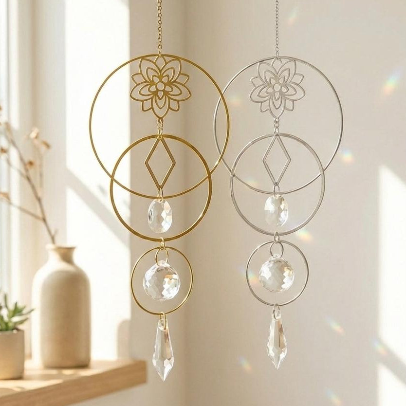 Decorative hanging mobiles with crystal elements on a neutral background