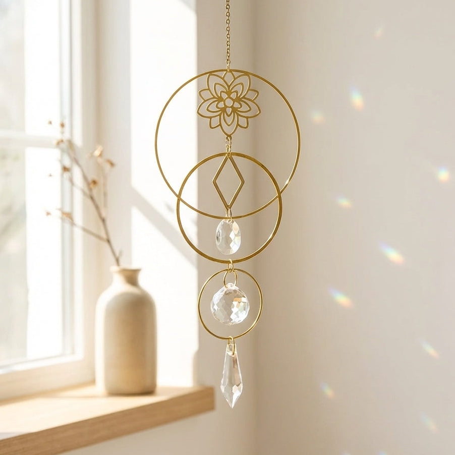 Decorative hanging crystal with geometric design in front of a window