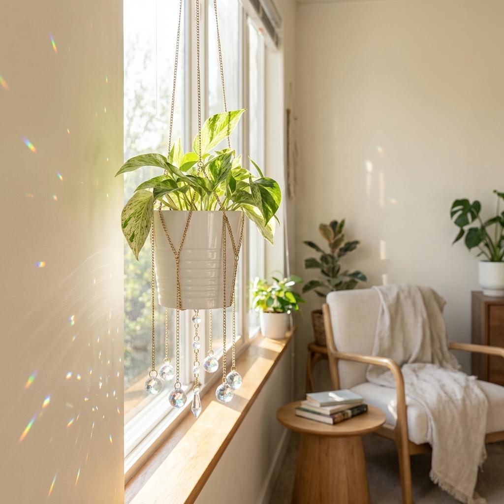 Cozy room with a window sill decorated with plants and a chair with a blanket.