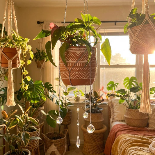 Hanging plants in decorative pots with macrame hangers in a cozy room.