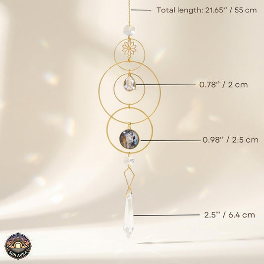Decorative hanging ornament with measurements on a neutral background