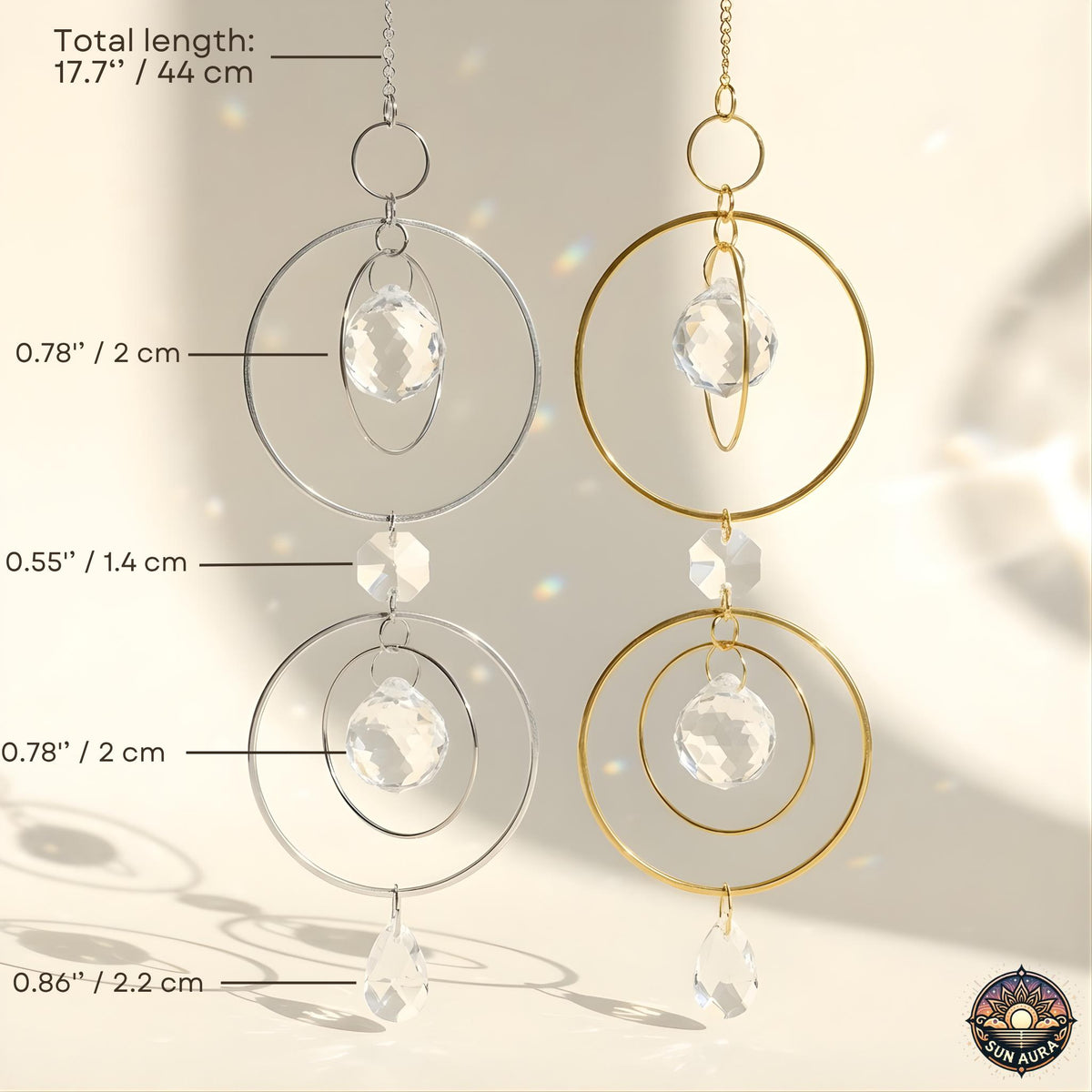 Decorative hanging with crystal elements and measurements on a neutral background