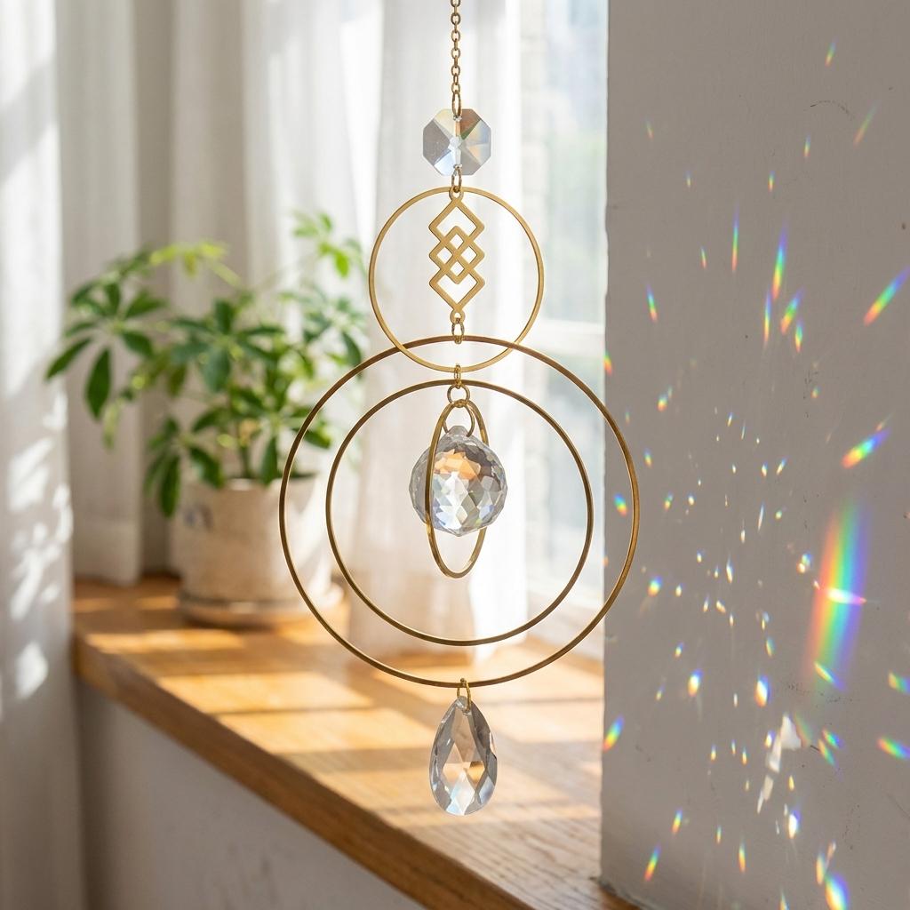 Decorative hanging crystal with rainbow effect on a window sill