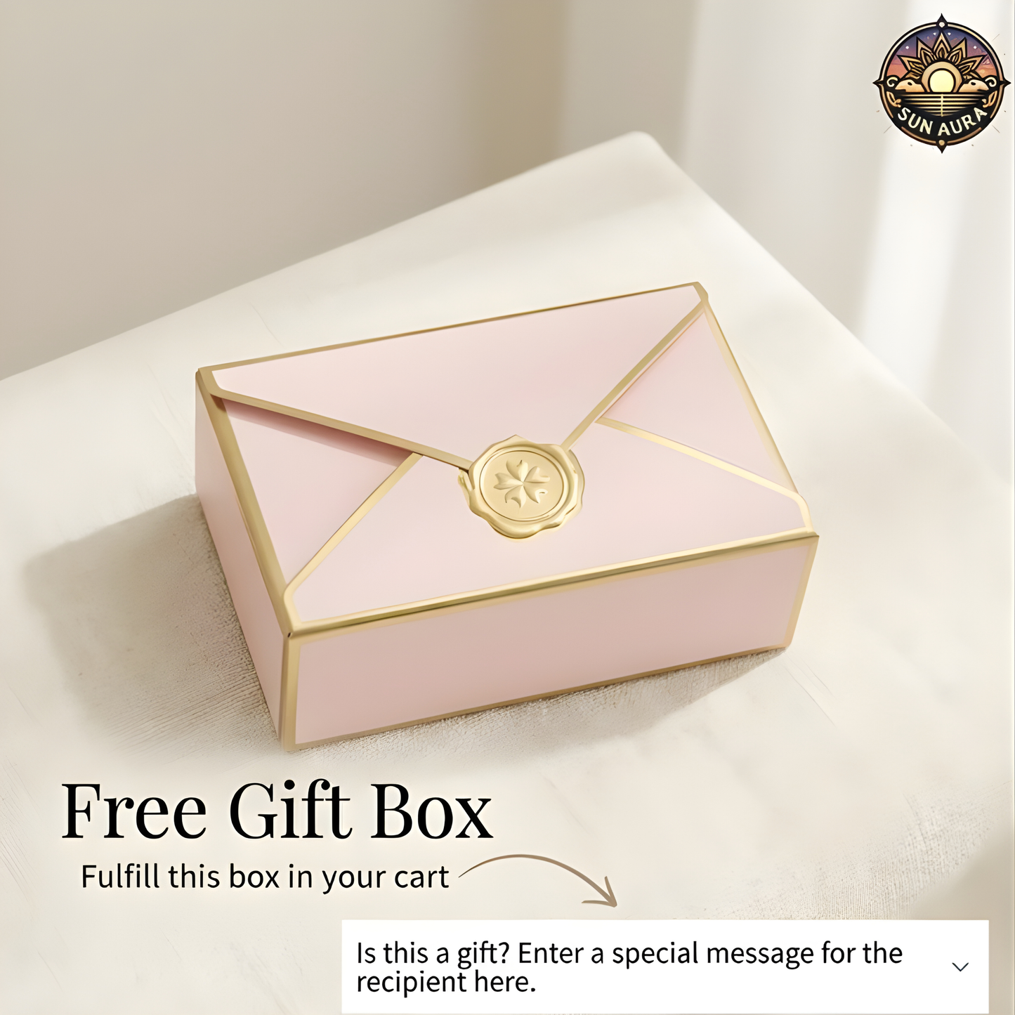 Pink gift box with gold accents on a white surface, featuring the Run Aura brand logo.