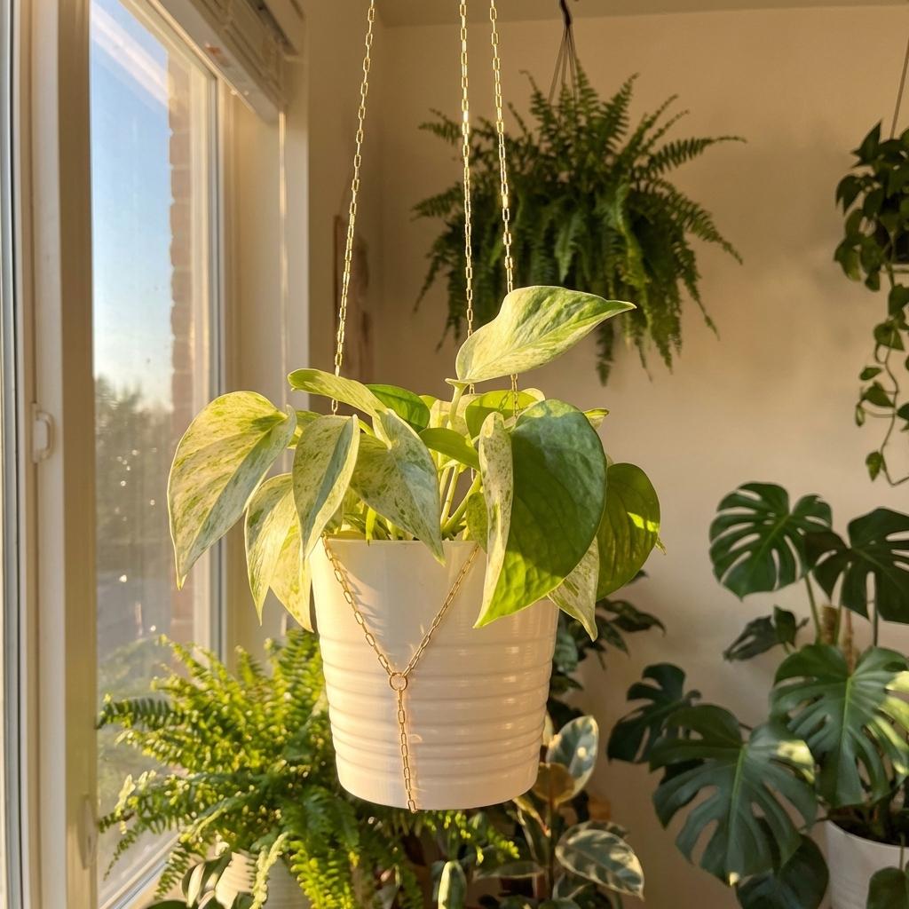 Hanging plant in a pot with other plants in a room near a window