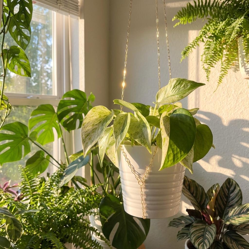 Potted plant with a white pot and gold chain in a room with sunlight streaming through a window.