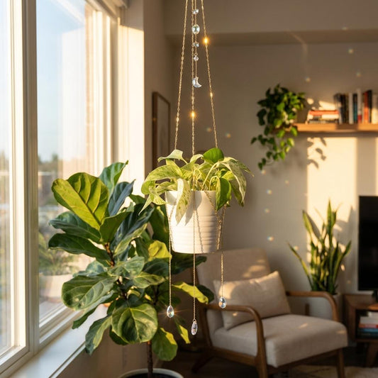 Hanging plants in a room with a window and chair