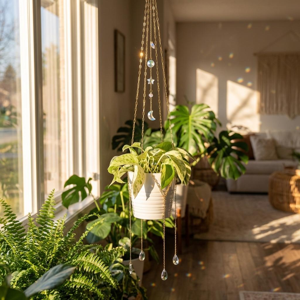 Hanging plant with decorative elements in a sunlit living room