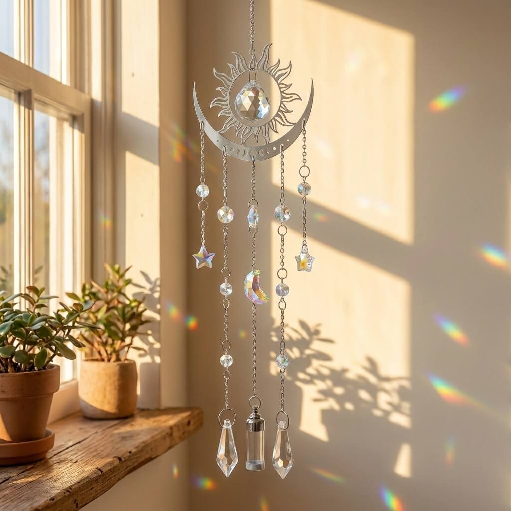 Decorative hanging crystal with sun, moon, and star designs in a sunlit room.