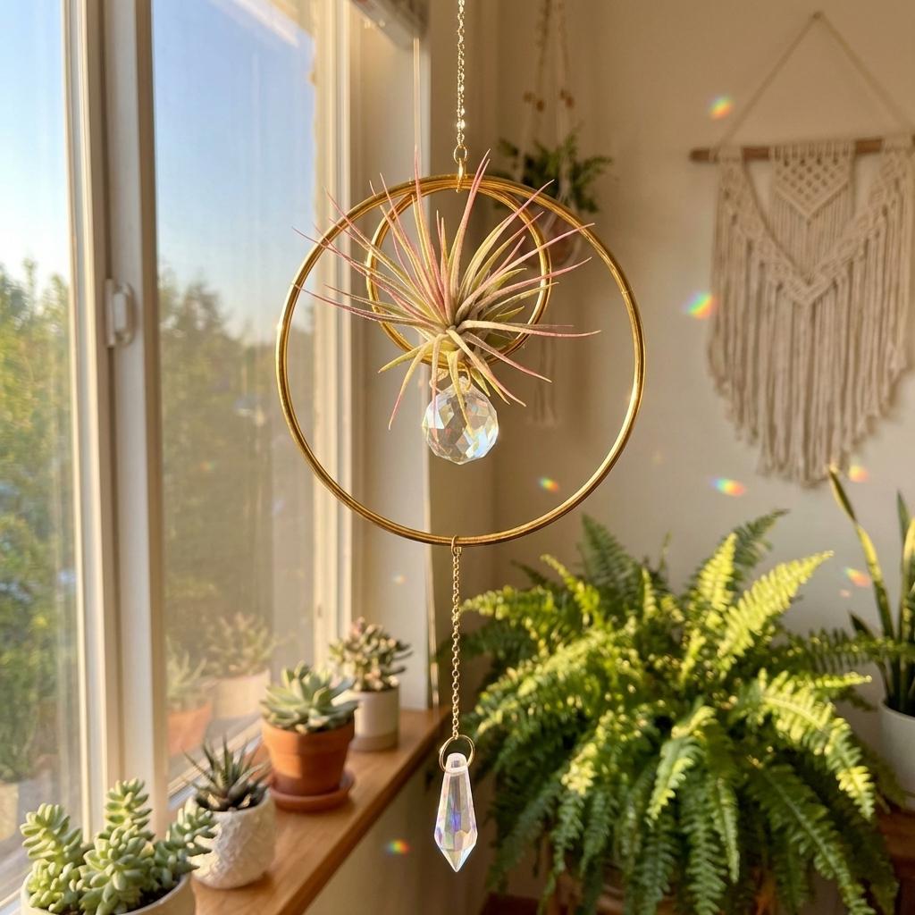 Decorative hanging plant with air plant and crystal inside a room with plants and a window.