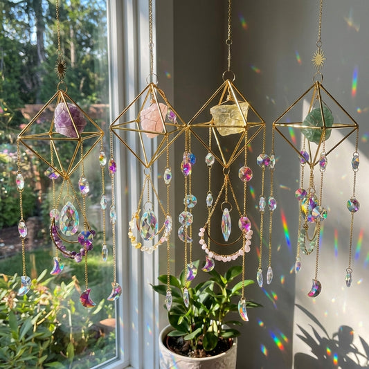Decorative crystal wind chimes hanging by a window with plants below