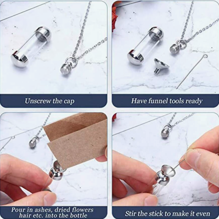 Instructions for using a small glass bottle with a metal cap on a marble surface.