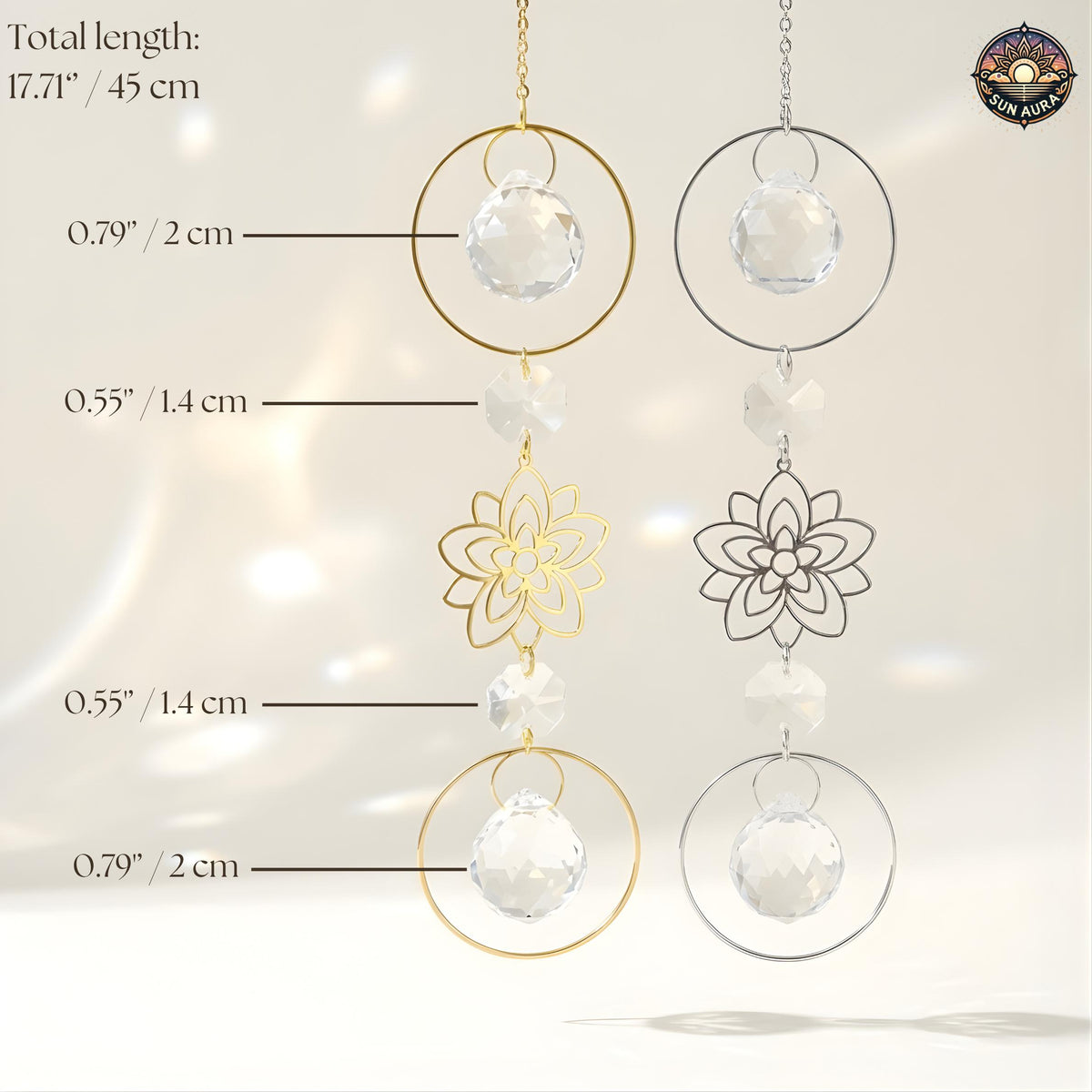 Decorative hanging with floral and circular designs, labeled with measurements on a light background.