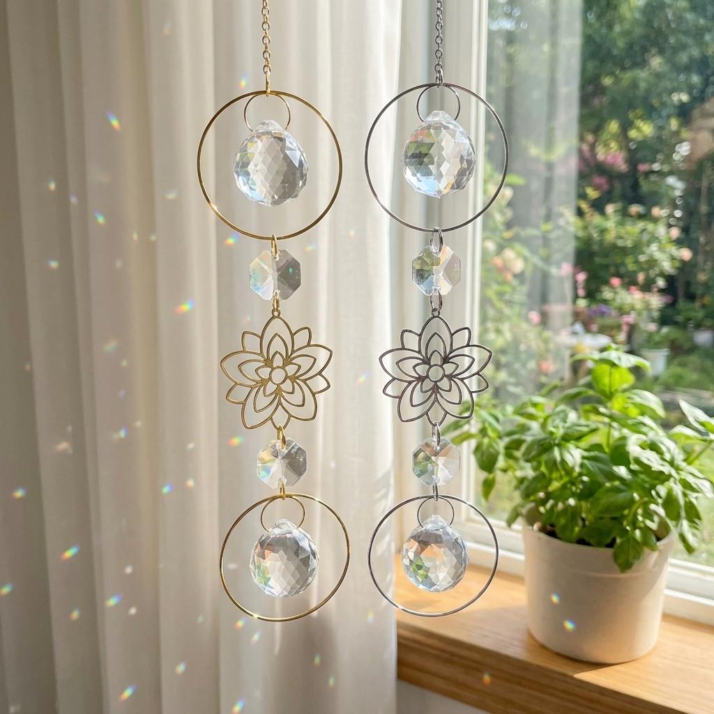 Decorative crystal hanging ornaments with a window and plant in the background