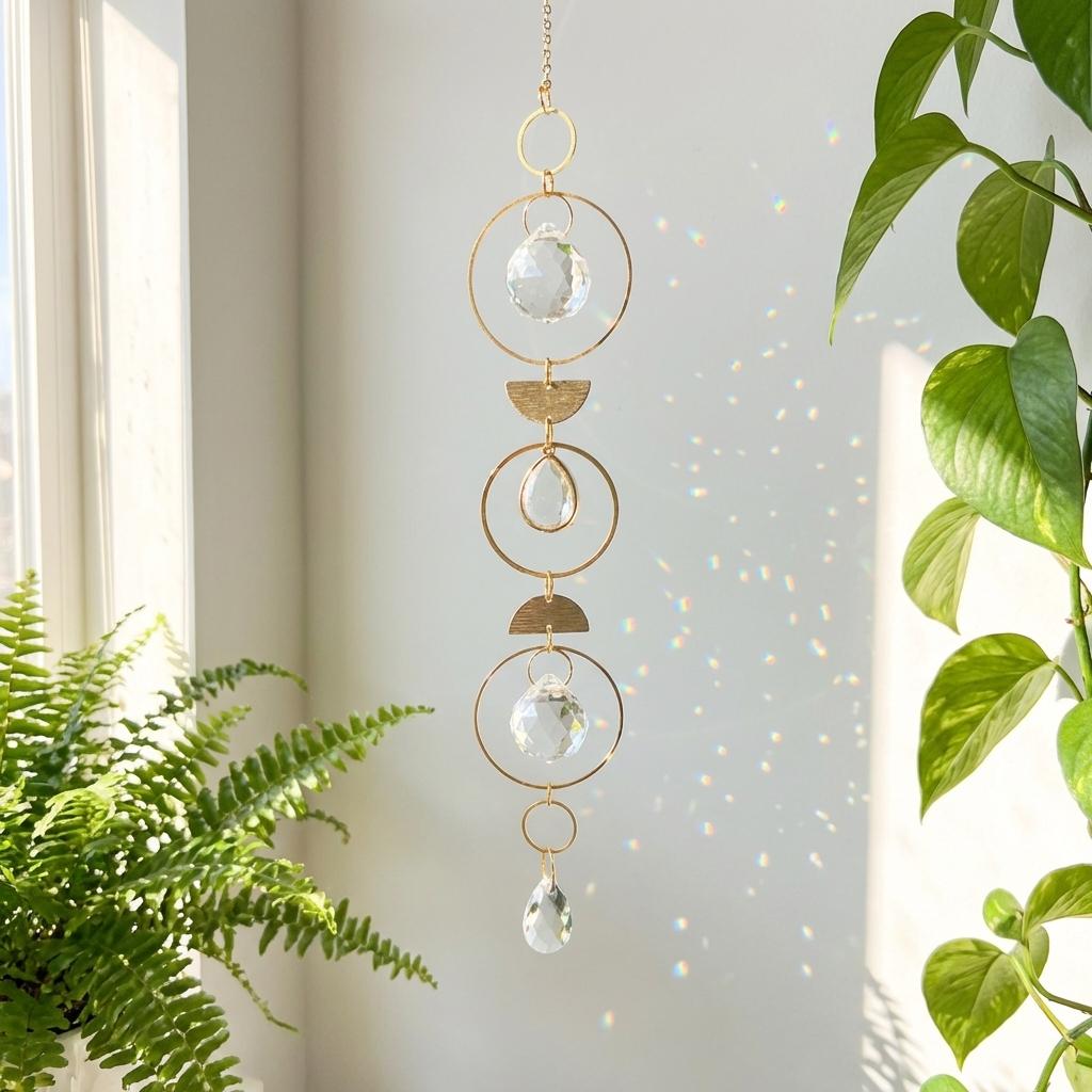 Decorative hanging crystal with gold accents in a room with plants