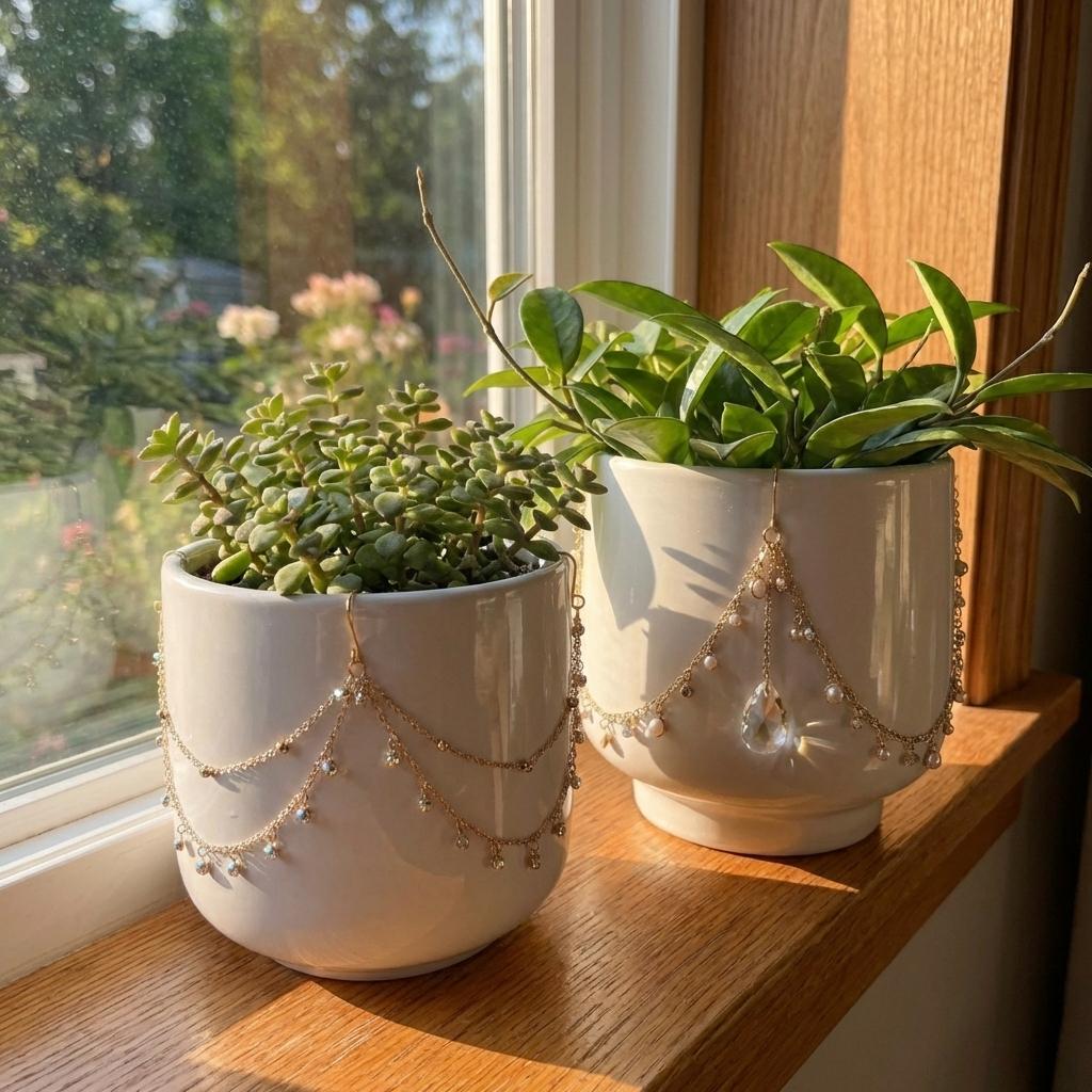 Two potted plants with decorative chains on a windowsill with sunlight streaming in.