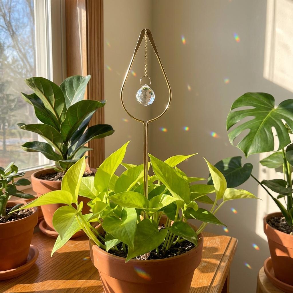 Potted plants on a windowsill with a decorative crystal hanging above them.