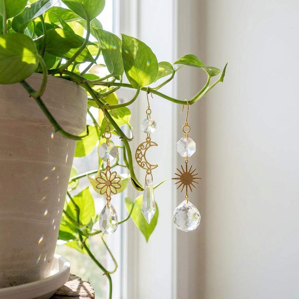 Decorative crystal sun catcher with celestial designs hanging from a plant.