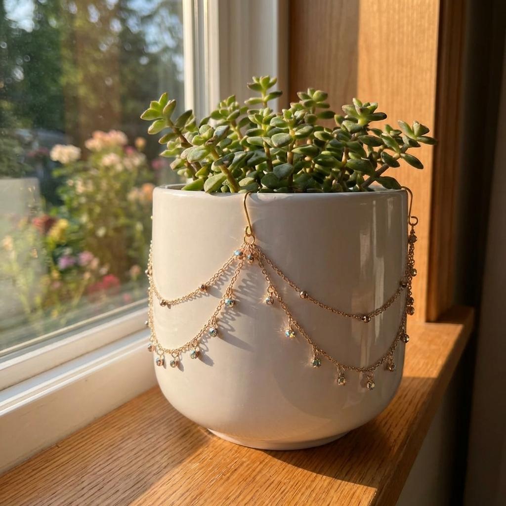 Potted plant with decorative chain on a windowsill