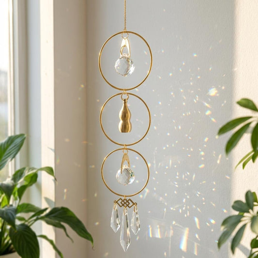 Decorative hanging crystal with gold loops and clear crystals on a light background
