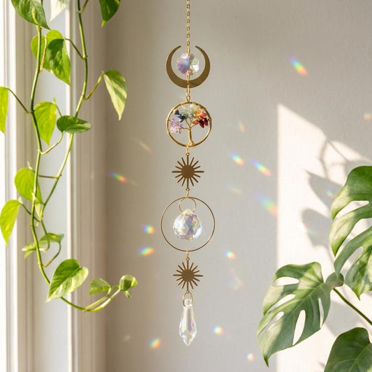 Decorative hanging crystal with sun and moon designs in a home setting with plants.