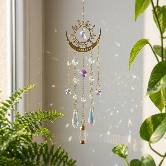 Decorative hanging crystal sun and moon ornament with plants in the foreground