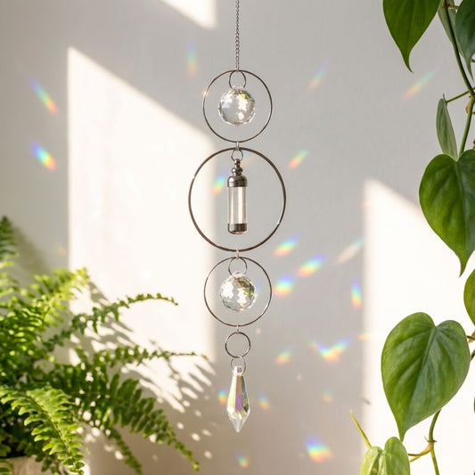 Decorative hanging crystal with rainbow effects in a natural setting