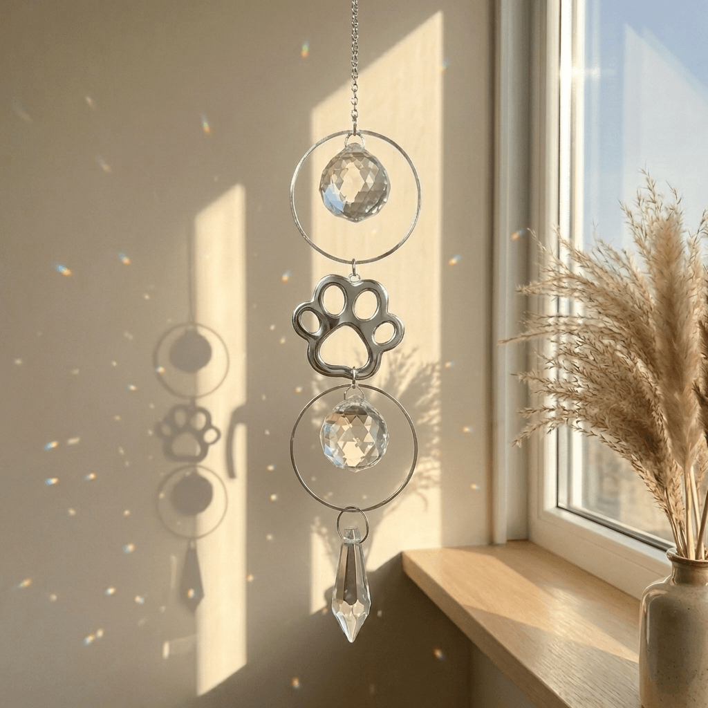Decorative hanging crystal with paw prints by a window
