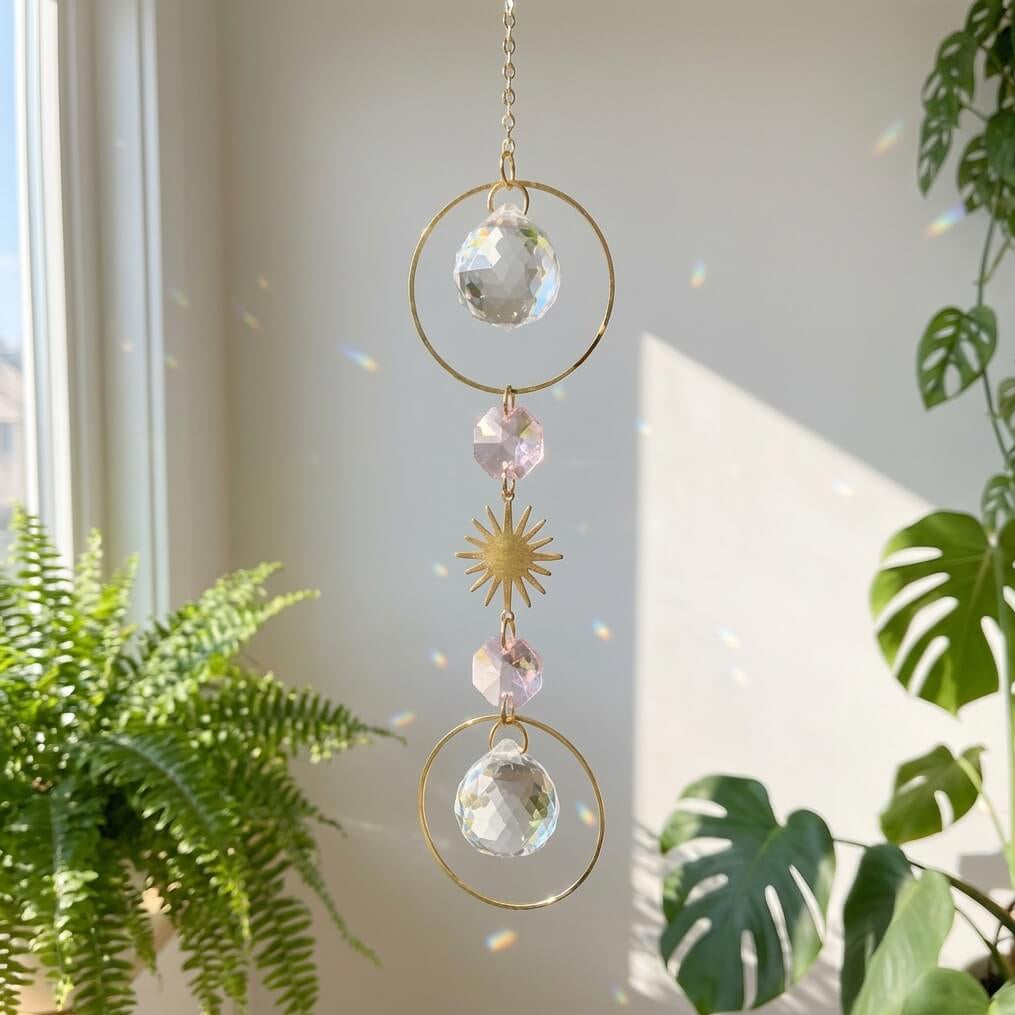 Decorative hanging crystal with gold accents in a room with plants