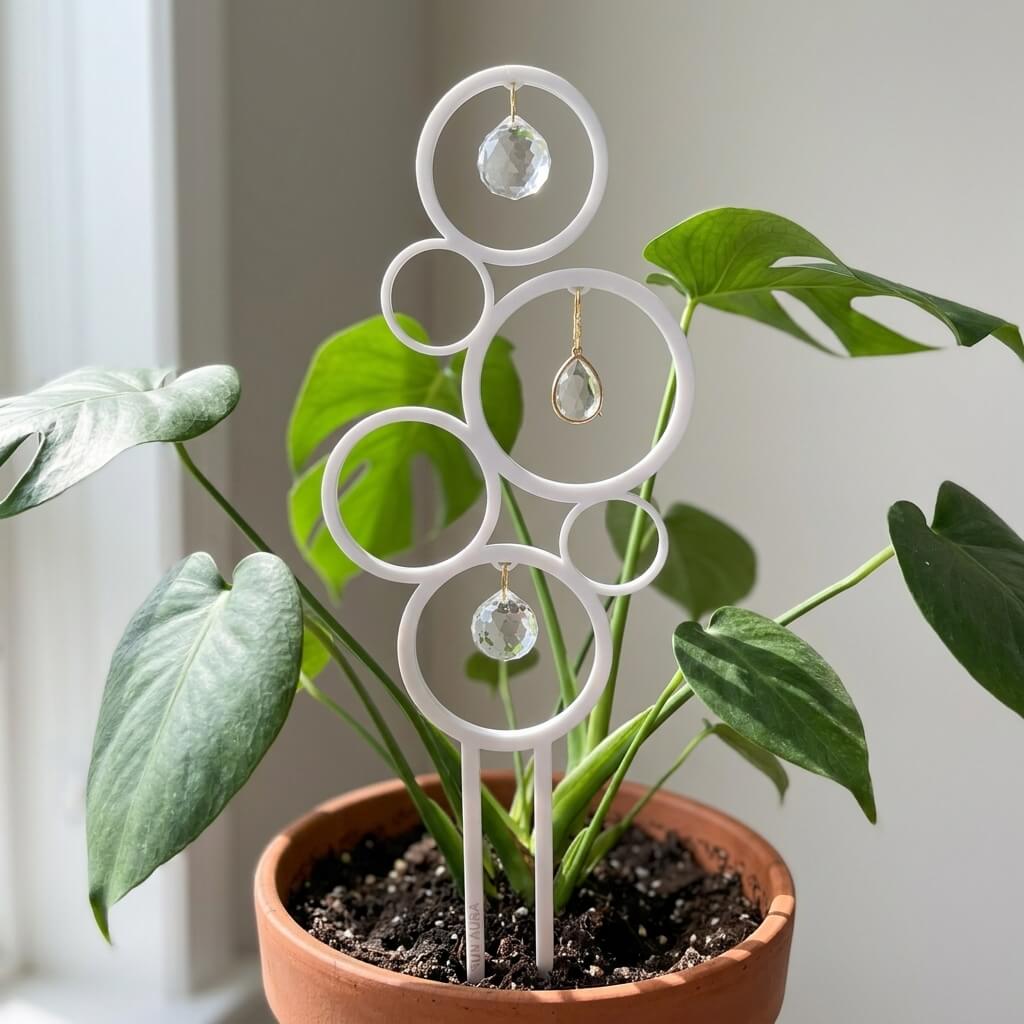 Decorative plant stake with circular design and hanging crystals in a pot with green leaves.