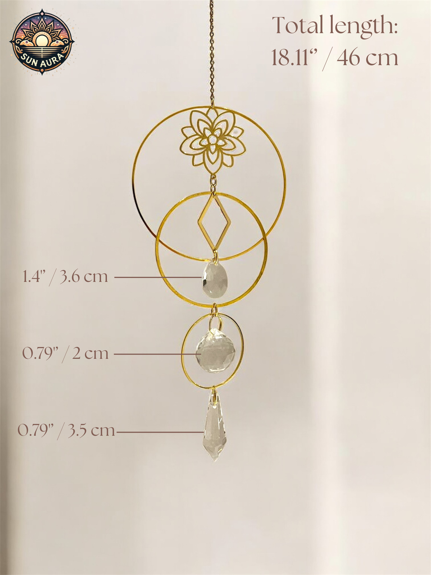 Decorative hanging ornament with measurements on a beige background