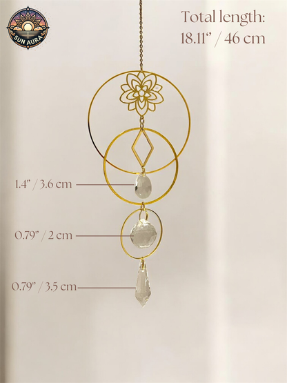 Decorative hanging ornament with measurements on a beige background