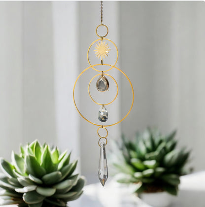 Decorative hanging crystal with succulents in the background