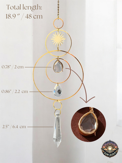 Decorative hanging with crystal elements and measurements on a white background