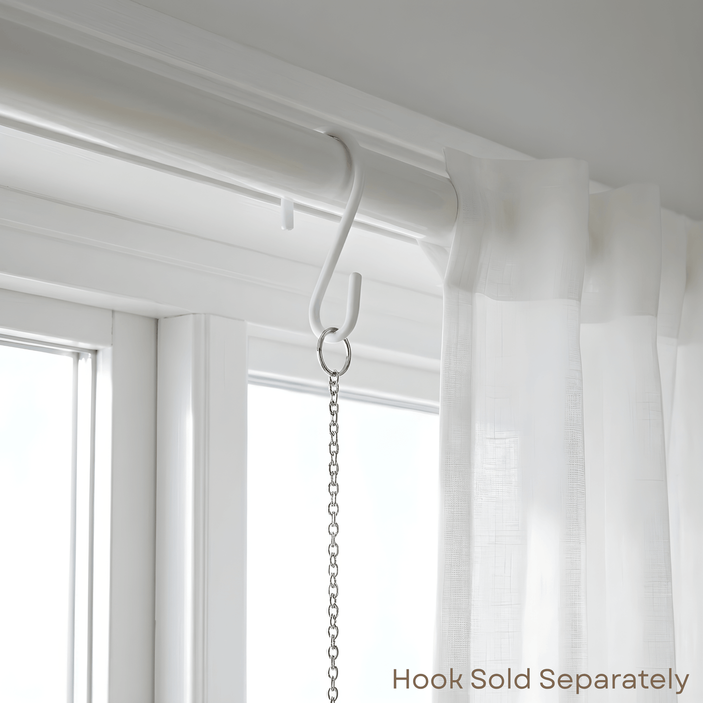 Curtain rod with a hook and chain, with text 'Hook Sold Separately' on a white curtain background.