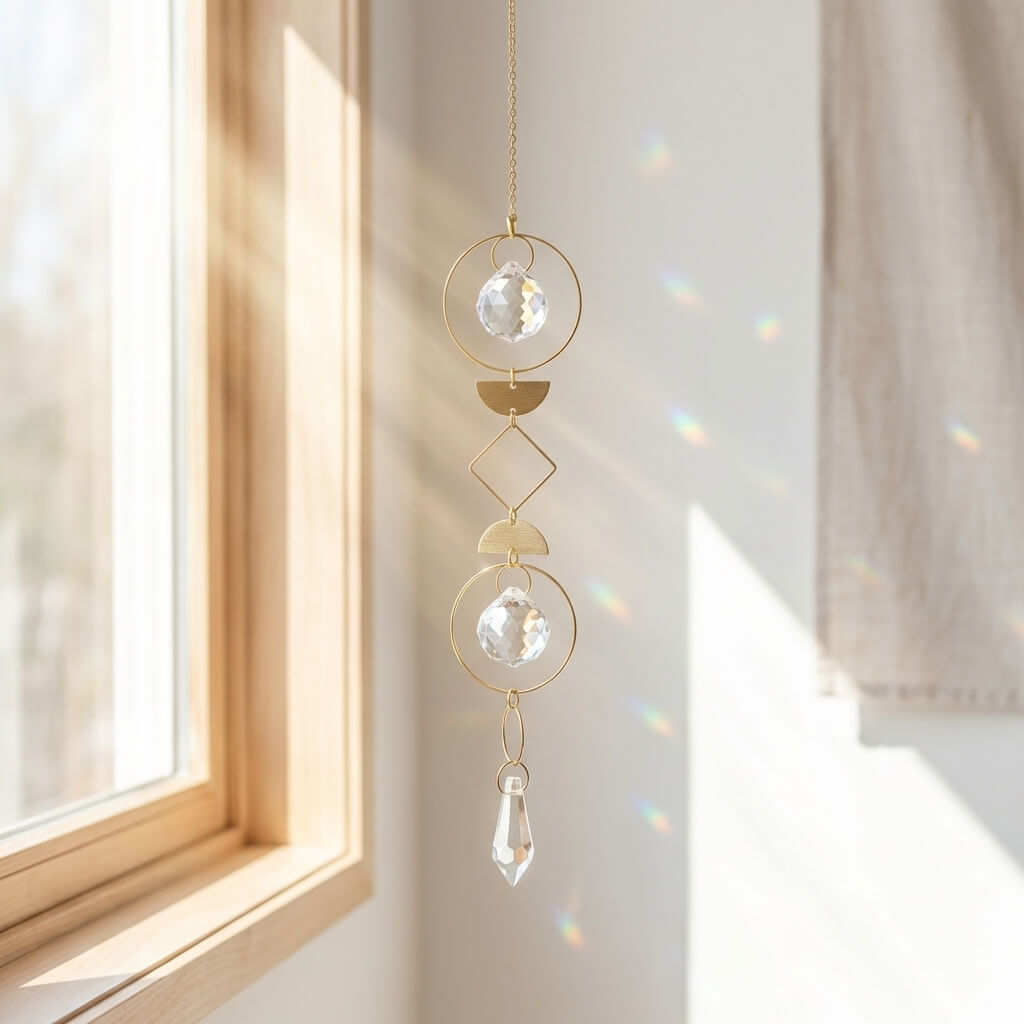 Oracle of Light boho crystal suncatcher hanging in a sunny window, scattering rainbows — perfect Mother’s Day gift