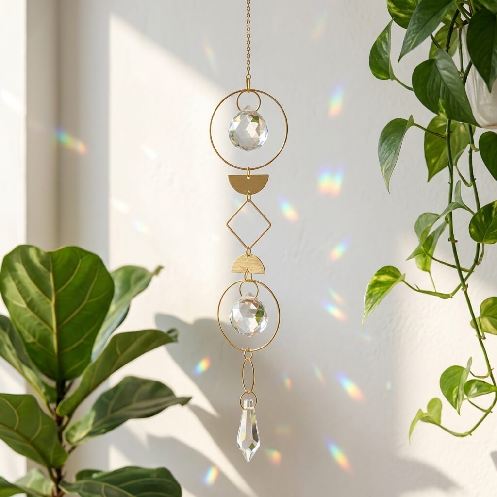 Boho crystal prism suncatcher creating rainbow light in a cozy home, unique Mother’s Day gift idea