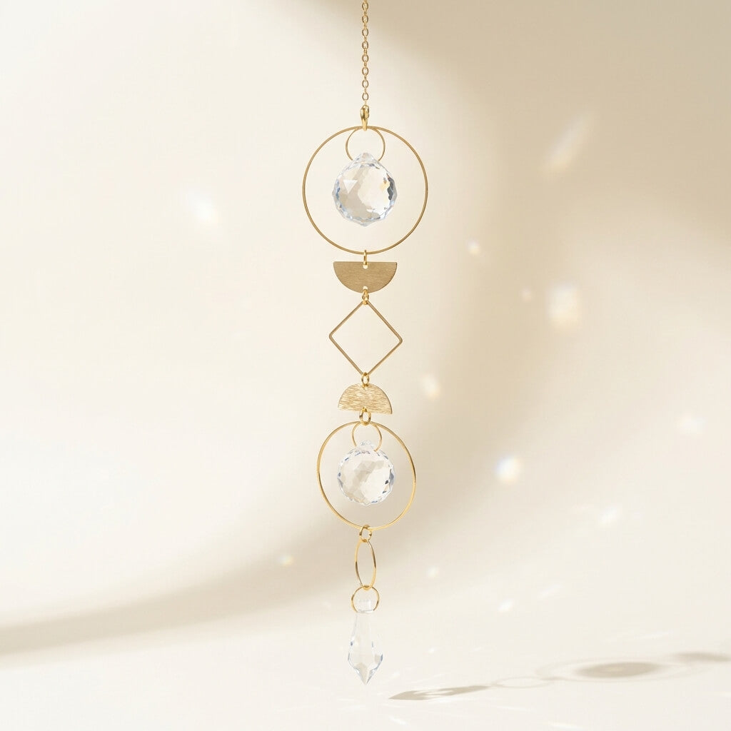 Handmade gold geometric suncatcher with crystal prisms catching sunlight, ideal boho gift for mom.