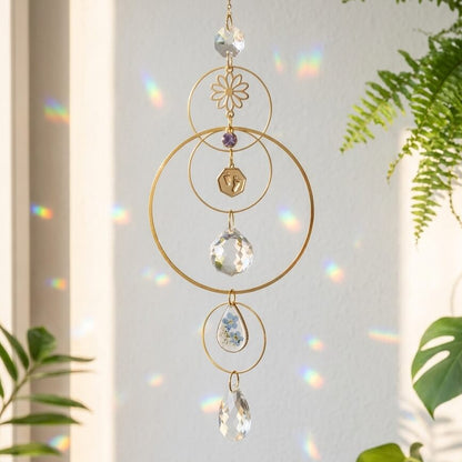 Decorative hanging crystal with circular designs and gemstones, placed against a light background with plants.