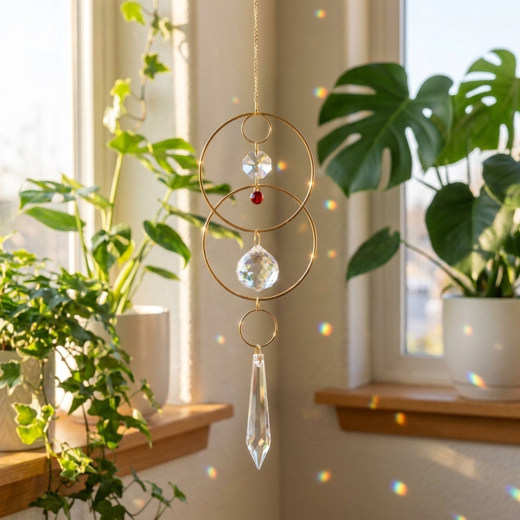 Decorative crystal wind chime hanging in a room with plants