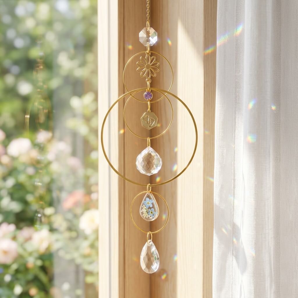 Decorative hanging crystal ornament with gold frame in front of a window with white curtains.