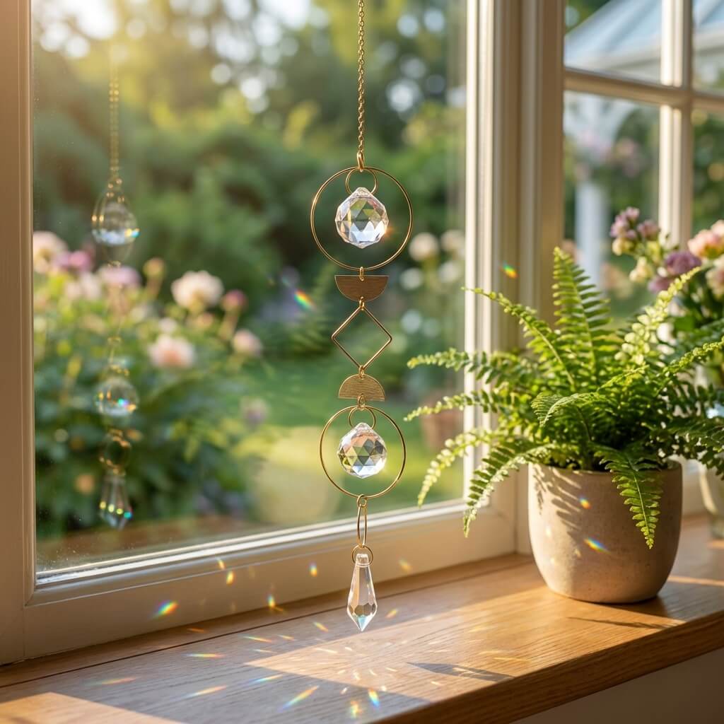 Oracle of Light gold and crystal suncatcher displayed in natural light, thoughtful handmade gift for mothers.