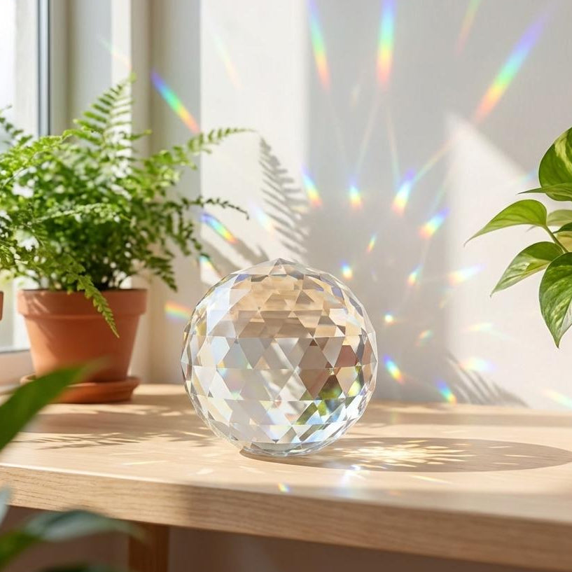 Crystal ball on a table with plants and rainbow折射效果