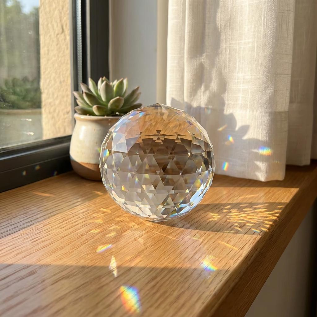 Crystal ball on a wooden surface with a window and plant in the background