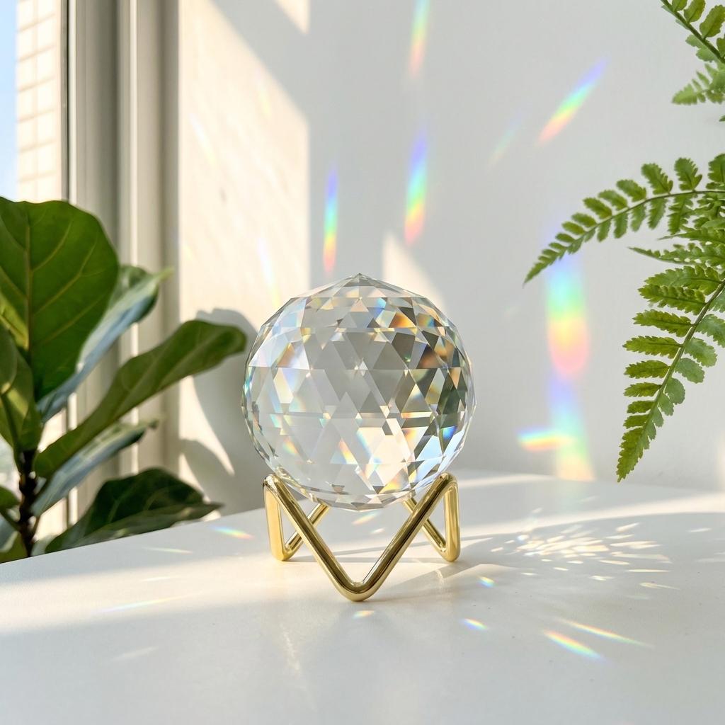 Crystal ball on a stand with rainbow折射效果, placed on a surface with plants in the background