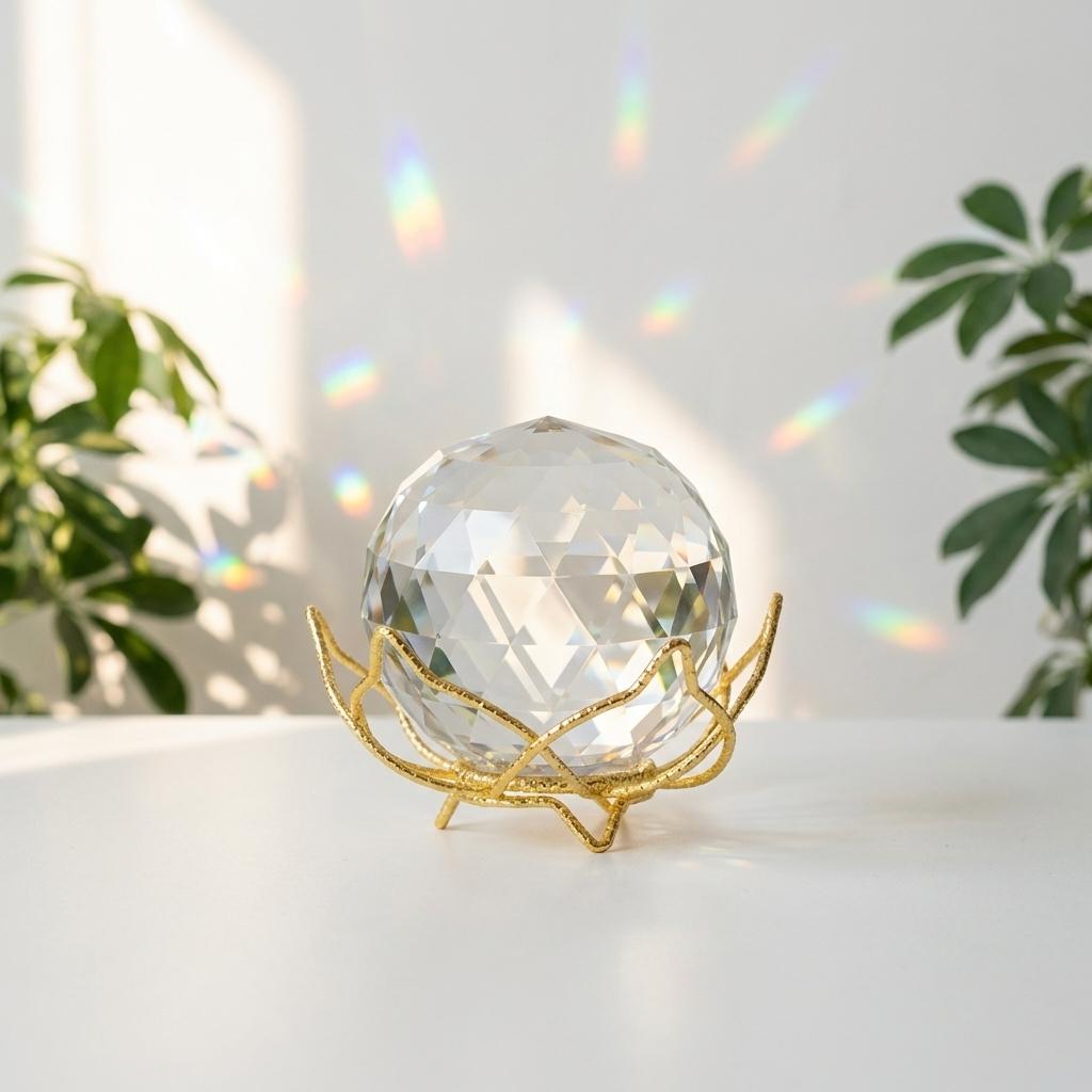 Clear crystal ball on a gold stand with a blurred plant background